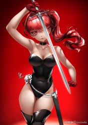 Rule 34 | 1girl, black leotard, boots, breasts, cleavage, gloves, highres, leotard, long hair, looking at viewer, patreon username, persona, persona 5, persona 5 the royal, ponytail, red background, red eyes, red gloves, red hair, solo, sword, weapon, yoshizawa kasumi, zasshu