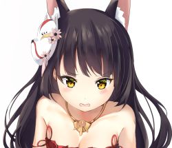 Rule 34 | 1girl, animal ears, azur lane, bad id, bad pixiv id, bare shoulders, black hair, blush, breasts, cleavage, collarbone, flower, fox ears, fox mask, hair flower, hair ornament, highres, jewelry, kemo, long hair, looking at viewer, mask, mask on head, medium breasts, messy hair, nagato (azur lane), necklace, open mouth, ponyaru, simple background, sleepwear, solo, strap slip, upper body, white background, yellow eyes