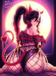 Rule 34 | 1girl, ass, black hair, black panties, braid, braided ponytail, breasts, claws, fishnet pantyhose, fishnets, from behind, full moon, hair between eyes, halloween, heart, heart-shaped pupils, highres, horns, large breasts, long hair, looking at viewer, looking back, moon, multicolored hair, original, panties, pantyhose, red eyes, red hair, sevie, sitting, solo, suco (sevie), symbol-shaped pupils, torn clothes, two-tone hair, underwear, wariza