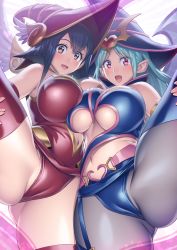 Rule 34 | 2girls, angel wings, apple magician girl, aqua hair, black hair, blush, breasts, brown eyes, cameltoe, chocolate magician girl, cowboy shot, demon wings, duel monster, female focus, hat, highres, large breasts, multiple girls, navel, open mouth, pointy ears, red eyes, suzume inui, thighhighs, underboob, wings, wizard hat, yu-gi-oh!, yu-gi-oh! the dark side of dimensions