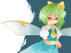 Rule 34 | 1girl, bad id, bad pixiv id, blush, bow, daiyousei, dress, closed eyes, female focus, green hair, hair bow, hammer (sunset beach), side ponytail, solo, touhou, wings