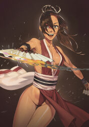 Rule 34 | 1girl, :d, absurdres, arm guards, armpits, backless dress, backless outfit, bare shoulders, black wristband, breasts, brown background, brown eyes, brown hair, cleavage, commentary, cowboy shot, dark-skinned female, dark skin, dress, dual wielding, eyelashes, fatal fury, film grain, fire, fire, floating clothes, floating hair, folding fan, groin, hair over one eye, hair ribbon, halterneck, hand fan, high ponytail, highres, holding, holding fan, holding weapon, japanese clothes, leaning to the side, lips, long hair, looking at viewer, lopy0120, medium breasts, ninja, nose, obi, open mouth, pelvic curtain, plunging neckline, ponytail, red dress, revealing clothes, ribbon, sash, shiranui mai, sideboob, smile, smoke, solo, sparks, tan, teeth, the king of fighters, thigh gap, thighs, toned, upper teeth only, weapon, white ribbon, white sash, wide-eyed