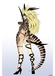 Rule 34 | 1girl, absurdres, blonde hair, bra, breasts, cleavage, dagger, feathers, fishnets, high heels, highres, horns, juhuca, knife, lizard tail, long hair, monochrome, monster girl, one-punch man, panties, reptera, reptile girl, reverse grip, scales, tail, underwear, weapon