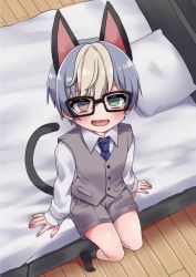 Rule 34 | 1boy, :3, animal crossing, animal ears, animated, bed, black socks, blonde hair, blouse, blush, cat boy, cat ears, cat tail, collared shirt, fang, frown, glasses, green eyes, grey hair, hair between eyes, heterochromia, kemonomimi mode, looking at viewer, looking up, multicolored hair, necktie, nintendo, open mouth, personification, raymond (animal crossing), shirt, shorts, smile, socks, solo, tagme, tail, two-tone hair, usagigenki, vest, video, white shirt, yellow eyes