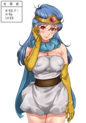 Rule 34 | 1girl, adjusting hair, bare legs, bare shoulders, blue hair, blush, breast press, breasts, cape, circlet, cleavage, cowboy shot, dragon quest, dragon quest iii, dress, eyebrows, gloves, highres, large areolae, large breasts, legs, long hair, looking at viewer, puffy nipples, red eyes, sage (dq3), sakuradou, shiny skin, simple background, smile, solo, standing, strapless, strapless dress, thighs, white background, white dress, yellow gloves