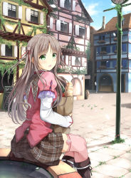Rule 34 | 1girl, absurdres, animal, bag, baguette, bird, blue sky, blush, boots, bottle, bread, brown footwear, brown hair, brown skirt, building, clock, cloud, commentary request, cross-laced footwear, day, flower, food, green eyes, grocery bag, hair flower, hair ornament, hair ribbon, highres, holding, holding bag, house, jacket, kinakomochi (egoist), lace-up boots, layered sleeves, long hair, long sleeves, looking at viewer, looking to the side, original, outdoors, parted lips, pink flower, pink jacket, pink rose, pink thighhighs, plaid, plaid skirt, pleated skirt, puffy short sleeves, puffy sleeves, red flower, red ribbon, ribbon, rose, shirt, shopping bag, short over long sleeves, short sleeves, sign, sitting, skirt, sky, smile, solo, thighhighs, venice, very long hair, water, white shirt, window