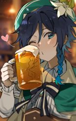Rule 34 | 1boy, alcohol, beer, beer mug, black hair, blue hair, blush, bow, braid, commentary, cup, flower, foam, genshin impact, gradient hair, green hat, gyoju (only arme nim), hair between eyes, hat, heart, highres, holding, holding cup, long sleeves, looking at viewer, male focus, mug, multicolored hair, one eye closed, puckered lips, solo, symbol-only commentary, twin braids, venti (genshin impact), white flower