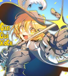 Rule 34 | 1girl, absurdres, belt, black belt, black hat, black jacket, black necktie, blonde hair, blue necktie, blush, character name, collared shirt, don quixote (project moon), em3ang, hat, hat feather, highres, holding, holding sword, holding weapon, jacket, limbus company, necktie, open mouth, project moon, rapier, shirt, short hair, sidelocks, smile, solo, sparkling eyes, sword, weapon, white shirt, yellow eyes