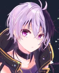 Rule 34 | 1girl, bad id, bad pixiv id, belt collar, black background, collar, commentary, expressionless, flower (vocaloid), flower (vocaloid4), highres, jacket, light particles, lips, looking at viewer, multicolored hair, portrait, purple eyes, purple hair, purple jacket, purple shirt, shirt, short hair, sleeveless, sleeveless jacket, solo, streaked hair, tsukizuumi, vocaloid