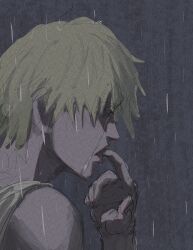 Rule 34 | 1boy, biting, blonde hair, chainsaw man, crying, crying with eyes open, denji (chainsaw man), facing to the side, finger to mouth, highres, male focus, pale skin, profile, rain, sharp teeth, shirt, short hair, sketch, solo, tank top, tears, teeth, titann 13, white shirt, white tank top
