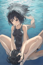 Rule 34 | 1boy, 1girl, amagami, black hair, black one-piece swimsuit, blue one-piece swimsuit, blush, botan m, breasts, bubble, cameltoe, closed mouth, collarbone, competition swimsuit, furrowed brow, hands on another&#039;s head, highres, knees up, medium breasts, messy hair, nanasaki ai, one-piece swimsuit, paid reward available, pool, shorts, sitting, sitting on face, sitting on person, smile, solo focus, swimsuit, tachibana jun&#039;ichi, two-tone swimsuit, underwater