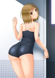 Rule 34 | 10s, 1girl, against wall, arm support, ass, backboob, bad id, bad pixiv id, bare shoulders, blonde hair, blush, breasts, brown eyes, brown hair, chiro, competition school swimsuit, cowboy shot, flower, from behind, hair flower, hair ornament, idolmaster, idolmaster cinderella girls, looking at viewer, looking back, mimura kanako, one-piece swimsuit, school swimsuit, shiny skin, short hair, solo, standing, swimsuit, tachibana (digital selery), tachibanakoharu, thighs, tile wall, tiles