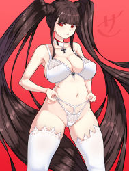 Rule 34 | 1girl, 47 hard, alternate costume, artist name, azur lane, bra, breasts, brown hair, cameltoe, cleft of venus, cross, highres, holding, holding clothes, holding panties, holding underwear, iron cross, large breasts, lingerie, long hair, looking at viewer, navel, panties, peter strasser (azur lane), red background, red eyes, simple background, solo, thighhighs, underwear, very long hair, watermark, white thighhighs