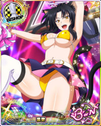 Rule 34 | 1girl, :d, animal ears, bikini, bikini under clothes, bishop (chess), black hair, blush, breasts, card (medium), cat ears, cat tail, character name, cheerleader, chess piece, covered erect nipples, hair rings, hairband, high school dxd, kuroka (high school dxd), large breasts, lipstick, long hair, looking at viewer, makeup, miniskirt, multiple tails, navel, official art, open clothes, open mouth, pom pom (cheerleading), purple lips, skirt, slit pupils, smile, solo, swimsuit, tail, thighhighs, trading card, white thighhighs, yellow bikini, yellow eyes