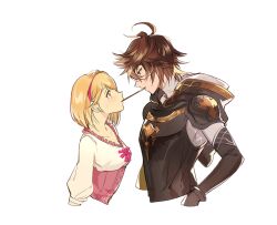 Rule 34 | 1boy, 1girl, armor, blonde hair, breastplate, brown eyes, brown hair, collarbone, couple, cropped torso, cunonn, djeeta (granblue fantasy), eye contact, from side, granblue fantasy, hetero, incoming pocky kiss, looking at another, red eyes, red ribbon, ribbon, sandalphon (granblue fantasy), shirt, short hair, shoulder armor, simple background, sketch, sweatdrop, white background, white shirt