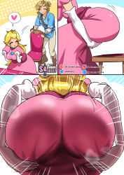 Rule 34 | 1boy, 1girl, absurdres, ass, ass focus, blonde hair, blue eyes, breasts, chair, comic, dress, elbow gloves, from behind, from side, gloves, heart, highres, huge ass, large breasts, link, long hair, mario (series), nintendo, pink dress, princess peach, sasa tseng, spoken heart, super mario bros. 1, the legend of zelda, the legend of zelda: breath of the wild, white background, white gloves