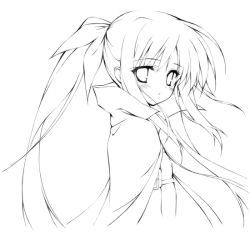 Rule 34 | 00s, 1girl, dress, fate testarossa, from side, greyscale, hair ribbon, looking at viewer, lyrical nanoha, mahou shoujo lyrical nanoha, mahou shoujo lyrical nanoha a&#039;s, monochrome, munyuu, parted lips, ponytail, ribbon, simple background, solo, upper body, white background