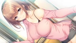 Rule 34 | 1girl, :&gt;, akizuki mikoto, ayase hazuki, blush, breasts, brown eyes, brown hair, closed mouth, dutch angle, eyebrows hidden by hair, feet out of frame, female focus, game cg, highres, indoors, large breasts, legs, light blush, looking at viewer, medium hair, off shoulder, original, pink shirt, shirt, short shorts, shorts, smile, solo, standing, thighs, yubisaki connection