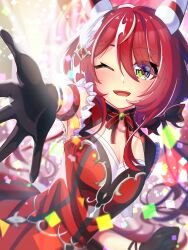 Rule 34 | 1girl, animal ears, armpits, blurry, blurry background, blush, breasts, cleavage, collarbone, commentary request, gloves, green eyes, hair ornament, highres, horse ears, horse girl, looking at viewer, low twintails, meineko lui, open mouth, reaching, reaching towards viewer, red hair, small breasts, solo, twintails, umamusume, win variation (umamusume)