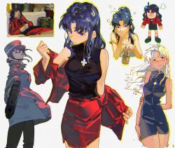 Rule 34 | annoyed, beer can, breasts, can, cross, cross necklace, drink can, drunk, gun, holding, holding gun, holding weapon, jacket, jewelry, katsuragi misato, medium breasts, necklace, neon genesis evangelion, purple hair, rebuild of evangelion, red jacket, red skirt, simple background, skirt, tss-mire, variations, weapon
