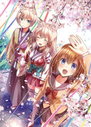 Rule 34 | 3girls, animal ears, arm up, black skirt, blonde hair, blue eyes, blush, bow, breasts, brown hair, collarbone, cover, cover page, flower, fox ears, hair ornament, large breasts, long hair, looking at viewer, multiple girls, open mouth, original, red bow, riolabo, sandals, skirt, smile, thighhighs, white legwear, x hair ornament