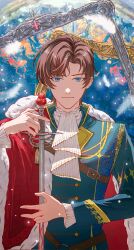Rule 34 | 1boy, artem wing (tears of themis), blood, bloody weapon, blue eyes, brown hair, cape, closed mouth, green jacket, highres, holding, holding sword, holding weapon, jacket, long sleeves, looking at viewer, male focus, military, military uniform, red cape, short hair, solo, sword, tears of themis, tubayran, uniform, upper body, weapon