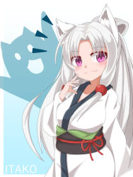 Rule 34 | 1girl, animal ear fluff, animal ears, ao (aoblueao), blue background, blush, breasts, character name, closed mouth, gradient background, hair ornament, hand up, head tilt, japanese clothes, kimono, long hair, long sleeves, looking at viewer, obi, parted bangs, purple eyes, sash, silver hair, small breasts, solo, touhoku itako, very long hair, voiceroid, white background, white kimono