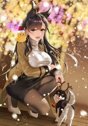 Rule 34 | 1girl, alternate costume, atago (azur lane), azur lane, bell, black hair, black pantyhose, breasts, christmas, commentary request, dog, hat, high heels, husky, jacket, jingle bell, kagiyama (clave), large breasts, leash, looking at viewer, manjuu (azur lane), mole, mole under eye, on one knee, open mouth, pantyhose, puppy, ribbed sweater, santa hat, smile, snowing, solo, sparkle, sweater, teeth, turtleneck, turtleneck sweater, upper teeth only, white sweater, yellow eyes