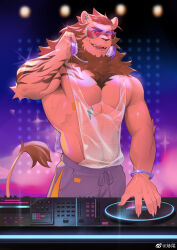 Rule 34 | 1boy, abs, absurdres, animal ears, bara, beard, cowboy shot, dj, facial hair, frde, furry, furry male, goggles, headphones, highres, large pectorals, lion boy, lion ears, lion tail, long beard, long hair, looking at viewer, male focus, mature male, muscular, muscular male, navel, navel hair, original, pectoral cleavage, pectorals, see-through, shirt, shorts, smile, solo, stomach, tail, tail raised, thick eyebrows, wet, wet clothes, wet shirt