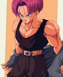 Rule 34 | 1boy, bare shoulders, belt, biceps, black pants, black shirt, black tank top, blue eyes, blue jacket, bure (fantasticyouth7), closed mouth, commentary request, dragon ball, dragonball z, frown, jacket, male focus, muscular, muscular male, orange background, orange belt, pants, parted bangs, pectorals, purple hair, removing jacket, serious, shirt, short hair, simple background, sleeveless, sleeveless shirt, solo, tank top, trunks (dragon ball), trunks (future) (dragon ball), two-tone background, v-shaped eyebrows, white background