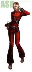 Rule 34 | 1boy, androgynous, ash crimson, bell-bottoms, belt, black nails, blonde hair, blue eyes, character name, cropped jacket, flame print, hair over one eye, hairband, hand on own hip, highres, kim yura (goddess mechanic), male focus, nail polish, pants, red pants, short hair, signature, solo, the king of fighters, watermark, web address, white background