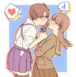 Rule 34 | 2girls, black legwear, blush, brown hair, from side, holding hands, heart, honimaro (tsatizou), imminent kiss, kaga (kancolle), kantai collection, leaning forward, long hair, long sleeves, looking at another, multiple girls, ooi (kancolle), pleated skirt, skirt, spoken heart, spoken sweatdrop, sweat, sweatdrop, thighhighs, yuri