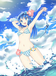 Rule 34 | 10s, 1girl, :d, absurdres, armpits, bikini, blue eyes, blue hair, bracelet, breasts, cloud, day, derivative work, flower, hair flower, hair ornament, highres, jewelry, long hair, looking at viewer, medium breasts, ocean, open mouth, outstretched arm, runa (lyr4040), saiki kusuo no psi nan, sky, smile, solo, stomach, striped bikini, striped clothes, swimsuit, teruhashi kokomi, wading, water, water drop