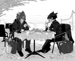 Rule 34 | 2boys, animal ears, arknights, black hair, briefcase, capone (arknights), chair, eating, food, from side, full body, fur, gambino (arknights), glasses, greyscale, iwashi 80, monochrome, multiple boys, outdoors, shade, shoes, short hair, sitting, table, tail, tongue, tongue out, turtleneck, wolf boy, wolf ears, wolf tail
