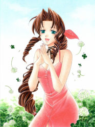 Rule 34 | 1990s (style), 1girl, aerith gainsborough, bad id, bad pixiv id, bare shoulders, bow, breasts, brown hair, cleavage, dress, drill hair, final fantasy, final fantasy vii, green eyes, jpeg artifacts, long hair, pink bow, pink dress, ponytail, retro artstyle, solo, square enix, trimcolor, very long hair