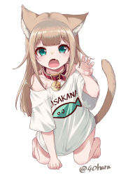 Rule 34 | 1girl, 40hara, all fours, animal collar, animal ear fluff, animal ears, aqua eyes, barefoot, blonde hair, blouse, blunt bangs, blush, cat ears, cat girl, cat tail, claw pose, clothes writing, collar, fang, green eyes, kinako (40hara), long hair, looking at viewer, open mouth, original, red collar, shirt, simple background, solo, t-shirt, tail, twitter username, white background, white shirt