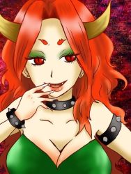 Rule 34 | 1girl, bowser, breasts, cleavage, collar, earrings, fangs, female focus, fingernails, gender request, genderswap, horns, jewelry, lipstick, long fingernails, long hair, makeup, mario (series), nintendo, personification, red eyes, red hair, solo, spiked collar, spikes, super mario bros. 1
