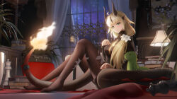 Rule 34 | 1girl, absurdres, ahoge, arknights, black pantyhose, black sweater, blonde hair, book, breasts, chess piece, dragon girl, dragon horns, dragon tail, flame-tipped tail, flower, green eyes, hair flower, hair ornament, highres, horns, indoors, infection monitor (arknights), lamp, light blush, ling dianxia, looking at viewer, medium breasts, night, night sky, no shoes, official alternate costume, pantyhose, plant, potted plant, reed (arknights), reed the flame shadow (arknights), ribbed sweater, sidelocks, sky, solo, sweater, tail, tail ornament, tail ring, typewriter, white flower, window