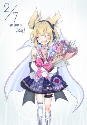 Rule 34 | 1girl, adapted costume, armlet, asymmetrical legwear, blonde hair, blue flower, blush, boots, bouquet, bow, bridal garter, cape, closed eyes, commentary request, dated, earmuffs, elbow gloves, english text, feet out of frame, flower, flower request, gloves, grey background, happy, highres, holding, holding bouquet, kirigawa mika, knee boots, open mouth, over-kneehighs, pink bow, pink flower, plaid, plaid skirt, pointy hair, purple flower, purple skirt, short hair, silver trim, simple background, skirt, smile, solo, standing, star (symbol), thighhighs, touhou, toyosatomimi no miko, uneven legwear, v-shaped eyebrows, white cape, white footwear, white gloves, white thighhighs, yellow flower