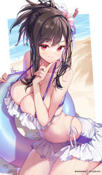 Rule 34 | 1girl, bare shoulders, beach, bikini, blue bikini, blush, breasts, brown hair, cleavage, closed mouth, collarbone, final fantasy, final fantasy vii, final fantasy vii rebirth, final fantasy vii remake, flower, frilled bikini, frills, hair flower, hair ornament, highres, hong (white spider), index finger raised, innertube, large breasts, long hair, looking at viewer, red eyes, shore, sidelocks, smile, solo, square enix, swim ring, swimsuit, thighs, tifa lockhart, tifa lockhart (shining spirit), wet, white bikini
