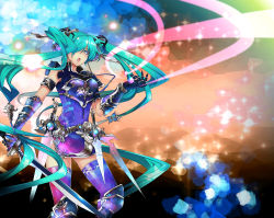 Rule 34 | 1girl, aqua hair, armband, armor, bad id, bad pixiv id, blue eyes, earrings, ene0, female focus, gauntlets, greaves, hair over one eye, hatsune miku, highres, jewelry, long hair, open mouth, skirt, solo, sword, thighhighs, twintails, very long hair, vocaloid, weapon