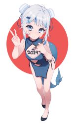 Rule 34 | 1girl, 2024, absurdres, bare shoulders, blue eyes, blue hair, blunt bangs, china dress, chinese clothes, clothing cutout, double bun, dress, fins, fish tail, gawr gura, hair bun, hair ornament, hairclip, highres, hololive, hololive english, looking at viewer, lucasyecla99, multicolored hair, navel, navel cutout, new year, shark tail, sleeveless, solo, streaked hair, tail, v, virtual youtuber, white background, white hair