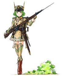 Rule 34 | 1girl, animal hat, ascot, bad id, bad pixiv id, bayonet, black hat, boots, brown footwear, camouflage, camouflage legwear, collared jacket, france, full body, gloves, grass, green eyes, green hair, gun, hat, holding, jacket, long sleeves, mars expedition, matching hair/eyes, military, military jacket, military uniform, multicolored clothes, multicolored hat, pleated skirt, rifle, short hair, simple background, skirt, solo, sword, thighhighs, uniform, weapon, weapon request, white background, y (khakiyawn), yellow hat, zettai ryouiki
