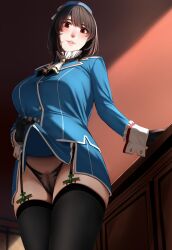 Rule 34 | 1girl, ascot, beret, black gloves, black hair, black panties, blue hat, blue jacket, blue skirt, breasts, clothes lift, female pubic hair, from below, garter straps, ggli (yuine wantan), gloves, hat, highres, jacket, kantai collection, large breasts, lifting own clothes, long sleeves, military, military uniform, miniskirt, panties, pubic hair, pubic hair peek, red eyes, short hair, skirt, skirt lift, solo, standing, takao (kancolle), underwear, uniform