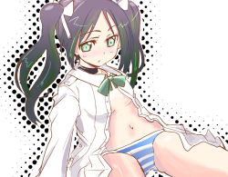Rule 34 | 00s, 1girl, black hair, blush, francesca lucchini, green eyes, green hair, hitomoji, ichimoji, matching hair/eyes, panties, ribbon, shirt, solo, strike witches, striped clothes, striped panties, twintails, underwear, world witches series
