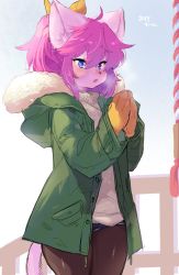 Rule 34 | 1girl, 2019, blue eyes, cat, furry, furry female, highres, open mouth, pink hair, short hair, solo, suurin (ksyaro), winter clothes