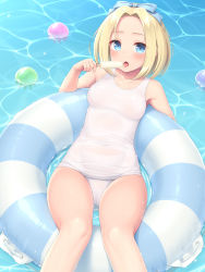 Rule 34 | 1girl, ball, blonde hair, blue eyes, blush, bow, breasts, covered navel, feet out of frame, food, forehead, hair bow, hair intakes, highres, innertube, lying, medium breasts, medium hair, milk bar, milk bar (sasaame), on back, open mouth, original, popsicle, sasaame, school swimsuit, solo, swim ring, swimsuit, tongue, water