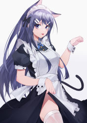 Rule 34 | 1girl, absurdres, alternate costume, animal ears, apron, black dress, bow, breasts, cat ears, cat tail, clothes lift, commentary request, cowboy shot, danganronpa: trigger happy havoc, danganronpa (series), dress, dress lift, frilled apron, frills, hair ornament, hairclip, highres, large breasts, lifting own clothes, long hair, looking at viewer, maid, maid apron, maid headdress, maizono sayaka, paw pose, puffy short sleeves, puffy sleeves, short sleeves, skindentation, smile, solo, tail, thighhighs, tongue, tongue out, tsumiki (12756023), white apron, white thighhighs, wrist cuffs
