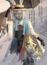 Rule 34 | 1girl, absurdres, animal ears, arknights, bag, bare tree, black gloves, black shirt, branch, brown hat, coat, commentary request, ears through headwear, eyebrows hidden by hair, fingerless gloves, frostnova (arknights), gloves, grey eyes, grey hair, hair ornament, hair over one eye, hairclip, hand on headwear, hat, highres, holding, holding bag, log cabin, looking at viewer, open clothes, open coat, open mouth, outdoors, rabbit ears, red legwear, shirt, signature, snow, solo, translation request, tree, welt (kinsei koutenkyoku), white coat, winter