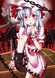 1girl ascot bat_wings blue_hair blush boots chain cross female_focus finger_to_mouth hat highres knife leg_up open_mouth puffy_sleeves remilia_scarlet short_hair short_sleeves sitting solo touhou wings youka_(gensou_kyoudan)